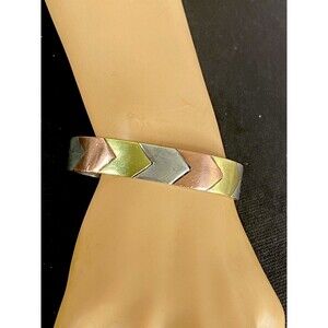 Vintage Designer Gideon Modernist Sterling Silver Cuff Tricolor Chevron Bracelet